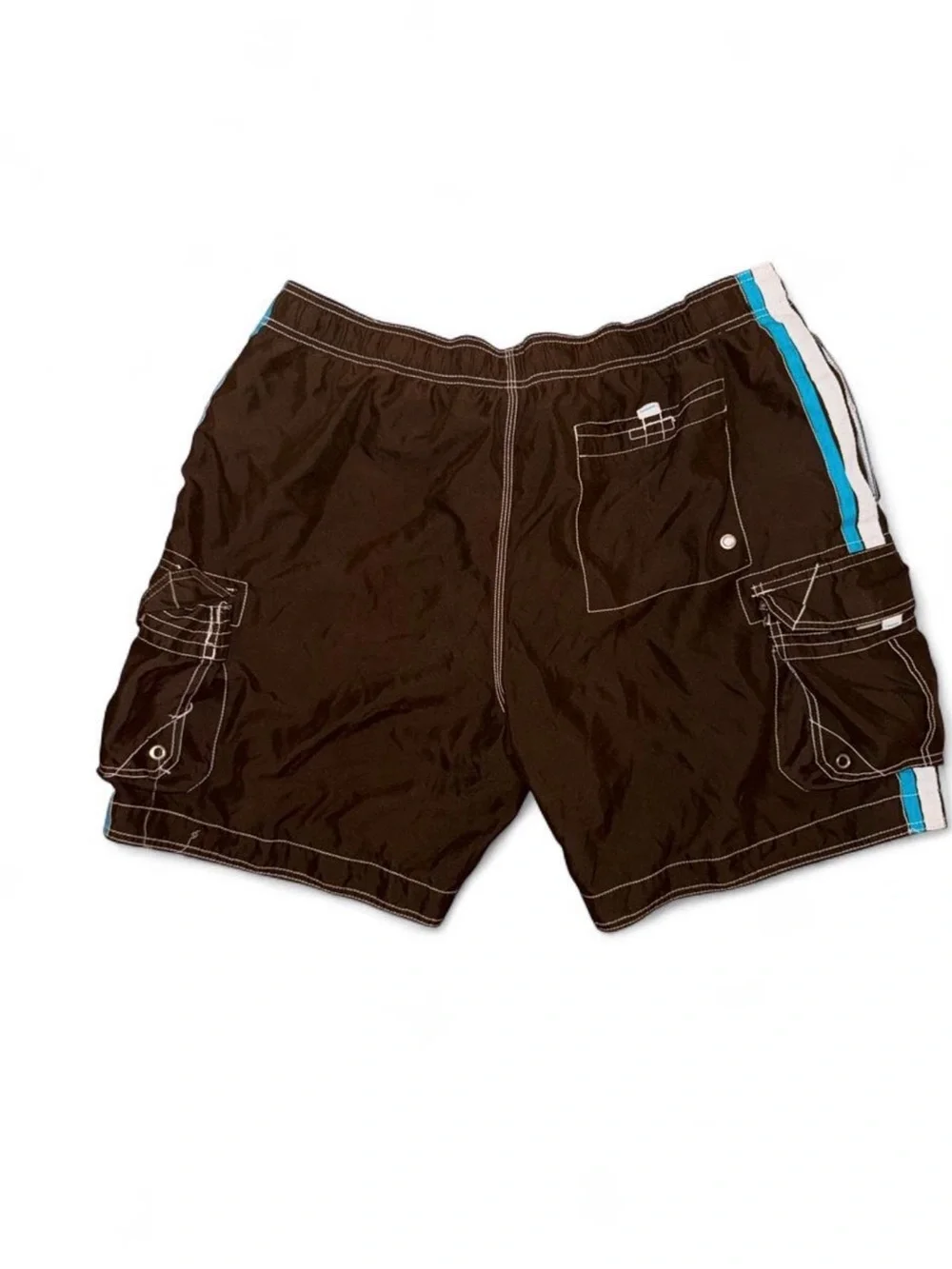 Vintage Y2K OP Men's Brown Swim Trunks with White and Blue Stripes